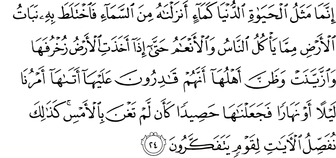 إِنَّمَا مَثَلُ الْحَيَاةِ الدُّنْيَا كَمَاءٍ أَنزَلْنَاهُ مِنَ السَّمَاءِ فَاخْتَلَطَ بِهِ نَبَاتُ الْأَرْضِ مِمَّا يَأْكُلُ النَّاسُ وَالْأَنْعَامُ حَتَّىٰ إِذَا أَخَذَتِ الْأَرْضُ زُخْرُفَهَا وَازَّيَّنَتْ وَظَنَّ أَهْلُهَا أَنَّهُمْ قَادِرُونَ عَلَيْهَا أَتَاهَا أَمْرُنَا لَيْلًا أَوْ نَهَارًا فَجَعَلْنَاهَا حَصِيدًا كَأَن لَّمْ تَغْنَ بِالْأَمْسِ ۚ كَذَٰلِكَ نُفَصِّلُ الْآيَاتِ لِقَوْمٍ يَتَفَكَّرُونَ