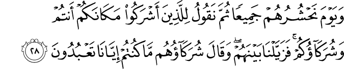 وَيَوْمَ نَحْشُرُهُمْ جَمِيعًا ثُمَّ نَقُولُ لِلَّذِينَ أَشْرَكُوا مَكَانَكُمْ أَنتُمْ وَشُرَكَاؤُكُمْ ۚ فَزَيَّلْنَا بَيْنَهُمْ ۖ وَقَالَ شُرَكَاؤُهُم مَّا كُنتُمْ إِيَّانَا تَعْبُدُونَ