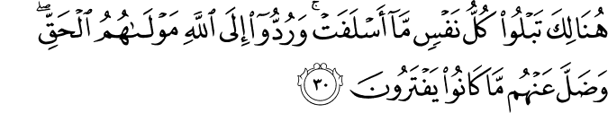 هُنَالِكَ تَبْلُو كُلُّ نَفْسٍ مَّا أَسْلَفَتْ ۚ وَرُدُّوا إِلَى اللَّهِ مَوْلَاهُمُ الْحَقِّ ۖ وَضَلَّ عَنْهُم مَّا كَانُوا يَفْتَرُونَ