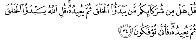 قُلْ هَلْ مِن شُرَكَائِكُم مَّن يَبْدَأُ الْخَلْقَ ثُمَّ يُعِيدُهُ ۚ قُلِ اللَّهُ يَبْدَأُ الْخَلْقَ ثُمَّ يُعِيدُهُ ۖ فَأَنَّىٰ تُؤْفَكُونَ