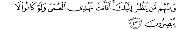 وَمِنْهُم مَّن يَنظُرُ إِلَيْكَ ۚ أَفَأَنتَ تَهْدِي الْعُمْيَ وَلَوْ كَانُوا لَا يُبْصِرُونَ
