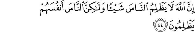 إِنَّ اللَّهَ لَا يَظْلِمُ النَّاسَ شَيْئًا وَلَـٰكِنَّ النَّاسَ أَنفُسَهُمْ يَظْلِمُونَ