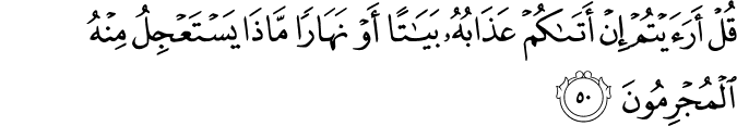 قُلْ أَرَأَيْتُمْ إِنْ أَتَاكُمْ عَذَابُهُ بَيَاتًا أَوْ نَهَارًا مَّاذَا يَسْتَعْجِلُ مِنْهُ الْمُجْرِمُونَ