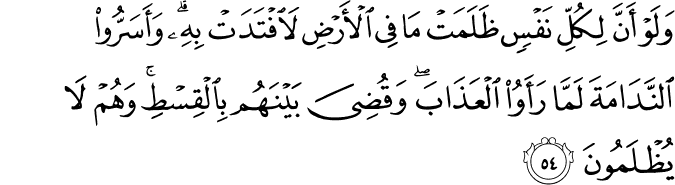 وَلَوْ أَنَّ لِكُلِّ نَفْسٍ ظَلَمَتْ مَا فِي الْأَرْضِ لَافْتَدَتْ بِهِ ۗ وَأَسَرُّوا النَّدَامَةَ لَمَّا رَأَوُا الْعَذَابَ ۖ وَقُضِيَ بَيْنَهُم بِالْقِسْطِ ۚ وَهُمْ لَا يُظْلَمُونَ