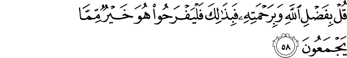 قُلْ بِفَضْلِ اللَّهِ وَبِرَحْمَتِهِ فَبِذَٰلِكَ فَلْيَفْرَحُوا هُوَ خَيْرٌ مِّمَّا يَجْمَعُونَ