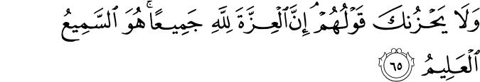 وَلَا يَحْزُنكَ قَوْلُهُمْ ۘ إِنَّ الْعِزَّةَ لِلَّهِ جَمِيعًا ۚ هُوَ السَّمِيعُ الْعَلِيمُ