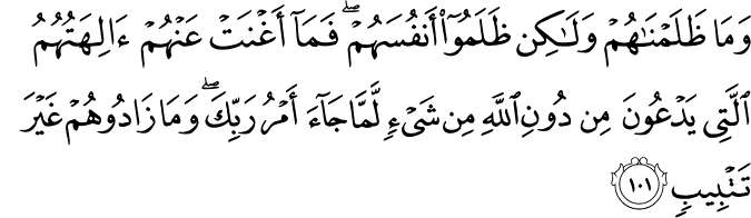وَمَا ظَلَمْنَاهُمْ وَلَـٰكِن ظَلَمُوا أَنفُسَهُمْ ۖ فَمَا أَغْنَتْ عَنْهُمْ آلِهَتُهُمُ الَّتِي يَدْعُونَ مِن دُونِ اللَّهِ مِن شَيْءٍ لَّمَّا جَاءَ أَمْرُ رَبِّكَ ۖ وَمَا زَادُوهُمْ غَيْرَ تَتْبِيبٍ