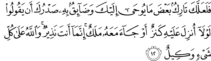 فَلَعَلَّكَ تَارِكٌ بَعْضَ مَا يُوحَىٰ إِلَيْكَ وَضَائِقٌ بِهِ صَدْرُكَ أَن يَقُولُوا لَوْلَا أُنزِلَ عَلَيْهِ كَنزٌ أَوْ جَاءَ مَعَهُ مَلَكٌ ۚ إِنَّمَا أَنتَ نَذِيرٌ ۚ وَاللَّهُ عَلَىٰ كُلِّ شَيْءٍ وَكِيلٌ