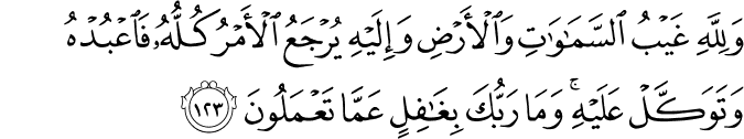 وَلِلَّهِ غَيْبُ السَّمَاوَاتِ وَالْأَرْضِ وَإِلَيْهِ يُرْجَعُ الْأَمْرُ كُلُّهُ فَاعْبُدْهُ وَتَوَكَّلْ عَلَيْهِ ۚ وَمَا رَبُّكَ بِغَافِلٍ عَمَّا تَعْمَلُونَ