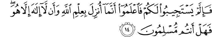 فَإِلَّمْ يَسْتَجِيبُوا لَكُمْ فَاعْلَمُوا أَنَّمَا أُنزِلَ بِعِلْمِ اللَّهِ وَأَن لَّا إِلَـٰهَ إِلَّا هُوَ ۖ فَهَلْ أَنتُم مُّسْلِمُونَ