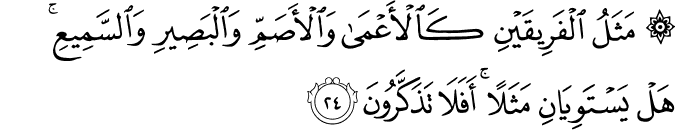 مَثَلُ الْفَرِيقَيْنِ كَالْأَعْمَىٰ وَالْأَصَمِّ وَالْبَصِيرِ وَالسَّمِيعِ ۚ هَلْ يَسْتَوِيَانِ مَثَلًا ۚ أَفَلَا تَذَكَّرُونَ