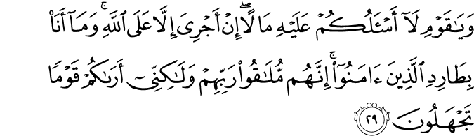 وَيَا قَوْمِ لَا أَسْأَلُكُمْ عَلَيْهِ مَالًا ۖ إِنْ أَجْرِيَ إِلَّا عَلَى اللَّهِ ۚ وَمَا أَنَا بِطَارِدِ الَّذِينَ آمَنُوا ۚ إِنَّهُم مُّلَاقُو رَبِّهِمْ وَلَـٰكِنِّي أَرَاكُمْ قَوْمًا تَجْهَلُونَ