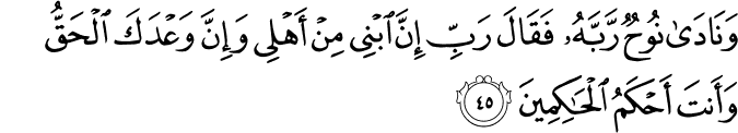 وَنَادَىٰ نُوحٌ رَّبَّهُ فَقَالَ رَبِّ إِنَّ ابْنِي مِنْ أَهْلِي وَإِنَّ وَعْدَكَ الْحَقُّ وَأَنتَ أَحْكَمُ الْحَاكِمِينَ