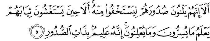 أَلَا إِنَّهُمْ يَثْنُونَ صُدُورَهُمْ لِيَسْتَخْفُوا مِنْهُ ۚ أَلَا حِينَ يَسْتَغْشُونَ ثِيَابَهُمْ يَعْلَمُ مَا يُسِرُّونَ وَمَا يُعْلِنُونَ ۚ إِنَّهُ عَلِيمٌ بِذَاتِ الصُّدُورِ