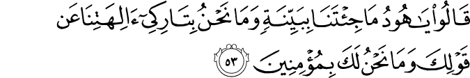 قَالُوا يَا هُودُ مَا جِئْتَنَا بِبَيِّنَةٍ وَمَا نَحْنُ بِتَارِكِي آلِهَتِنَا عَن قَوْلِكَ وَمَا نَحْنُ لَكَ بِمُؤْمِنِينَ