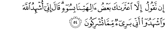 إِن نَّقُولُ إِلَّا اعْتَرَاكَ بَعْضُ آلِهَتِنَا بِسُوءٍ ۗ قَالَ إِنِّي أُشْهِدُ اللَّهَ وَاشْهَدُوا أَنِّي بَرِيءٌ مِّمَّا تُشْرِكُونَ