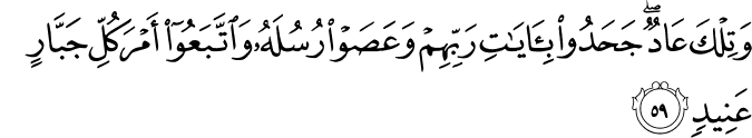 وَتِلْكَ عَادٌ ۖ جَحَدُوا بِآيَاتِ رَبِّهِمْ وَعَصَوْا رُسُلَهُ وَاتَّبَعُوا أَمْرَ كُلِّ جَبَّارٍ عَنِيدٍ
