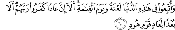 وَأُتْبِعُوا فِي هَـٰذِهِ الدُّنْيَا لَعْنَةً وَيَوْمَ الْقِيَامَةِ ۗ أَلَا إِنَّ عَادًا كَفَرُوا رَبَّهُمْ ۗ أَلَا بُعْدًا لِّعَادٍ قَوْمِ هُودٍ