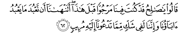 قَالُوا يَا صَالِحُ قَدْ كُنتَ فِينَا مَرْجُوًّا قَبْلَ هَـٰذَا ۖ أَتَنْهَانَا أَن نَّعْبُدَ مَا يَعْبُدُ آبَاؤُنَا وَإِنَّنَا لَفِي شَكٍّ مِّمَّا تَدْعُونَا إِلَيْهِ مُرِيبٍ