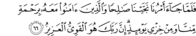 فَلَمَّا جَاءَ أَمْرُنَا نَجَّيْنَا صَالِحًا وَالَّذِينَ آمَنُوا مَعَهُ بِرَحْمَةٍ مِّنَّا وَمِنْ خِزْيِ يَوْمِئِذٍ ۗ إِنَّ رَبَّكَ هُوَ الْقَوِيُّ الْعَزِيزُ