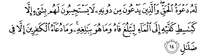 لَهُ دَعْوَةُ الْحَقِّ ۖ وَالَّذِينَ يَدْعُونَ مِن دُونِهِ لَا يَسْتَجِيبُونَ لَهُم بِشَيْءٍ إِلَّا كَبَاسِطِ كَفَّيْهِ إِلَى الْمَاءِ لِيَبْلُغَ فَاهُ وَمَا هُوَ بِبَالِغِهِ ۚ وَمَا دُعَاءُ الْكَافِرِينَ إِلَّا فِي ضَلَالٍ