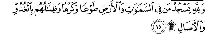 وَلِلَّهِ يَسْجُدُ مَن فِي السَّمَاوَاتِ وَالْأَرْضِ طَوْعًا وَكَرْهًا وَظِلَالُهُم بِالْغُدُوِّ وَالْآصَالِ ۩