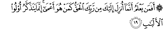 أَفَمَن يَعْلَمُ أَنَّمَا أُنزِلَ إِلَيْكَ مِن رَّبِّكَ الْحَقُّ كَمَنْ هُوَ أَعْمَىٰ ۚ إِنَّمَا يَتَذَكَّرُ أُولُو الْأَلْبَابِ