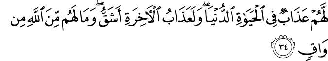 لَّهُمْ عَذَابٌ فِي الْحَيَاةِ الدُّنْيَا ۖ وَلَعَذَابُ الْآخِرَةِ أَشَقُّ ۖ وَمَا لَهُم مِّنَ اللَّهِ مِن وَاقٍ