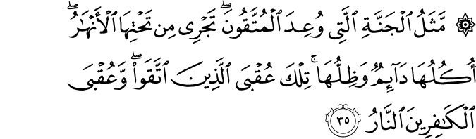 مَّثَلُ الْجَنَّةِ الَّتِي وُعِدَ الْمُتَّقُونَ ۖ تَجْرِي مِن تَحْتِهَا الْأَنْهَارُ ۖ أُكُلُهَا دَائِمٌ وَظِلُّهَا ۚ تِلْكَ عُقْبَى الَّذِينَ اتَّقَوا ۖ وَّعُقْبَى الْكَافِرِينَ النَّارُ