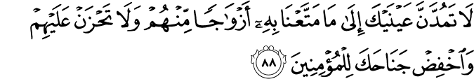 لَا تَمُدَّنَّ عَيْنَيْكَ إِلَىٰ مَا مَتَّعْنَا بِهِ أَزْوَاجًا مِّنْهُمْ وَلَا تَحْزَنْ عَلَيْهِمْ وَاخْفِضْ جَنَاحَكَ لِلْمُؤْمِنِينَ