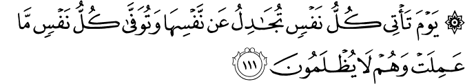 يَوْمَ تَأْتِي كُلُّ نَفْسٍ تُجَادِلُ عَن نَّفْسِهَا وَتُوَفَّىٰ كُلُّ نَفْسٍ مَّا عَمِلَتْ وَهُمْ لَا يُظْلَمُونَ