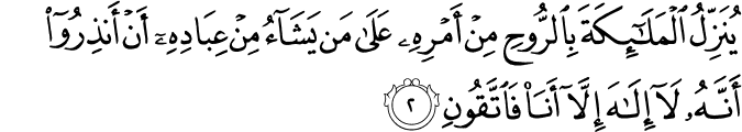 يُنَزِّلُ الْمَلَائِكَةَ بِالرُّوحِ مِنْ أَمْرِهِ عَلَىٰ مَن يَشَاءُ مِنْ عِبَادِهِ أَنْ أَنذِرُوا أَنَّهُ لَا إِلَـٰهَ إِلَّا أَنَا فَاتَّقُونِ