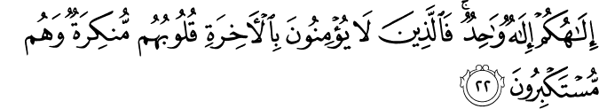 إِلَـٰهُكُمْ إِلَـٰهٌ وَاحِدٌ ۚ فَالَّذِينَ لَا يُؤْمِنُونَ بِالْآخِرَةِ قُلُوبُهُم مُّنكِرَةٌ وَهُم مُّسْتَكْبِرُونَ