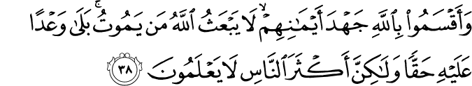 وَأَقْسَمُوا بِاللَّهِ جَهْدَ أَيْمَانِهِمْ ۙ لَا يَبْعَثُ اللَّهُ مَن يَمُوتُ ۚ بَلَىٰ وَعْدًا عَلَيْهِ حَقًّا وَلَـٰكِنَّ أَكْثَرَ النَّاسِ لَا يَعْلَمُونَ