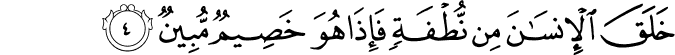 خَلَقَ الْإِنسَانَ مِن نُّطْفَةٍ فَإِذَا هُوَ خَصِيمٌ مُّبِينٌ