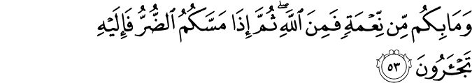وَمَا بِكُم مِّن نِّعْمَةٍ فَمِنَ اللَّهِ ۖ ثُمَّ إِذَا مَسَّكُمُ الضُّرُّ فَإِلَيْهِ تَجْأَرُونَ