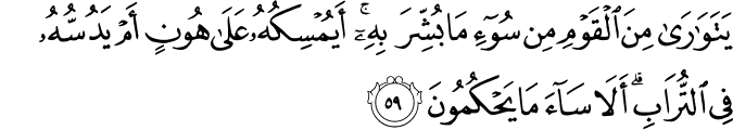 يَتَوَارَىٰ مِنَ الْقَوْمِ مِن سُوءِ مَا بُشِّرَ بِهِ ۚ أَيُمْسِكُهُ عَلَىٰ هُونٍ أَمْ يَدُسُّهُ فِي التُّرَابِ ۗ أَلَا سَاءَ مَا يَحْكُمُونَ