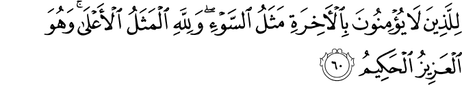 لِلَّذِينَ لَا يُؤْمِنُونَ بِالْآخِرَةِ مَثَلُ السَّوْءِ ۖ وَلِلَّهِ الْمَثَلُ الْأَعْلَىٰ ۚ وَهُوَ الْعَزِيزُ الْحَكِيمُ
