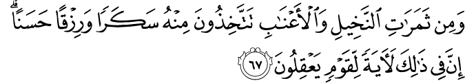 وَمِن ثَمَرَاتِ النَّخِيلِ وَالْأَعْنَابِ تَتَّخِذُونَ مِنْهُ سَكَرًا وَرِزْقًا حَسَنًا ۗ إِنَّ فِي ذَٰلِكَ لَآيَةً لِّقَوْمٍ يَعْقِلُونَ