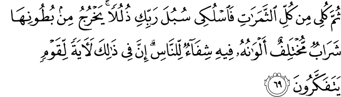 ثُمَّ كُلِي مِن كُلِّ الثَّمَرَاتِ فَاسْلُكِي سُبُلَ رَبِّكِ ذُلُلًا ۚ يَخْرُجُ مِن بُطُونِهَا شَرَابٌ مُّخْتَلِفٌ أَلْوَانُهُ فِيهِ شِفَاءٌ لِّلنَّاسِ ۗ إِنَّ فِي ذَٰلِكَ لَآيَةً لِّقَوْمٍ يَتَفَكَّرُونَ