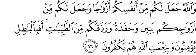 وَاللَّهُ جَعَلَ لَكُم مِّنْ أَنفُسِكُمْ أَزْوَاجًا وَجَعَلَ لَكُم مِّنْ أَزْوَاجِكُم بَنِينَ وَحَفَدَةً وَرَزَقَكُم مِّنَ الطَّيِّبَاتِ ۚ أَفَبِالْبَاطِلِ يُؤْمِنُونَ وَبِنِعْمَتِ اللَّهِ هُمْ يَكْفُرُونَ