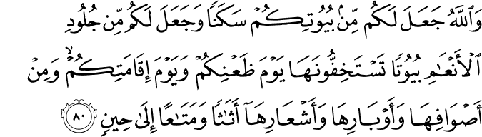 وَاللَّهُ جَعَلَ لَكُم مِّن بُيُوتِكُمْ سَكَنًا وَجَعَلَ لَكُم مِّن جُلُودِ الْأَنْعَامِ بُيُوتًا تَسْتَخِفُّونَهَا يَوْمَ ظَعْنِكُمْ وَيَوْمَ إِقَامَتِكُمْ ۙ وَمِنْ أَصْوَافِهَا وَأَوْبَارِهَا وَأَشْعَارِهَا أَثَاثًا وَمَتَاعًا إِلَىٰ حِينٍ