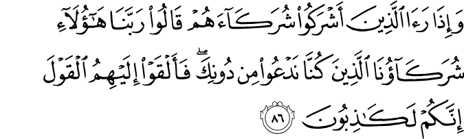 وَإِذَا رَأَى الَّذِينَ أَشْرَكُوا شُرَكَاءَهُمْ قَالُوا رَبَّنَا هَـٰؤُلَاءِ شُرَكَاؤُنَا الَّذِينَ كُنَّا نَدْعُو مِن دُونِكَ ۖ فَأَلْقَوْا إِلَيْهِمُ الْقَوْلَ إِنَّكُمْ لَكَاذِبُونَ