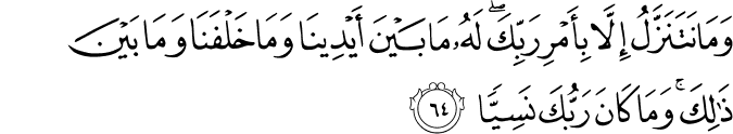 وَمَا نَتَنَزَّلُ إِلَّا بِأَمْرِ رَبِّكَ ۖ لَهُ مَا بَيْنَ أَيْدِينَا وَمَا خَلْفَنَا وَمَا بَيْنَ ذَٰلِكَ ۚ وَمَا كَانَ رَبُّكَ نَسِيًّا