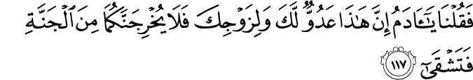 فَقُلْنَا يَا آدَمُ إِنَّ هَـٰذَا عَدُوٌّ لَّكَ وَلِزَوْجِكَ فَلَا يُخْرِجَنَّكُمَا مِنَ الْجَنَّةِ فَتَشْقَىٰ