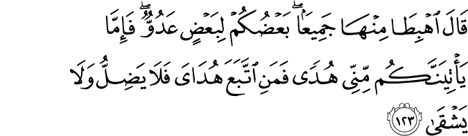 قَالَ اهْبِطَا مِنْهَا جَمِيعًا ۖ بَعْضُكُمْ لِبَعْضٍ عَدُوٌّ ۖ فَإِمَّا يَأْتِيَنَّكُم مِّنِّي هُدًى فَمَنِ اتَّبَعَ هُدَايَ فَلَا يَضِلُّ وَلَا يَشْقَىٰ