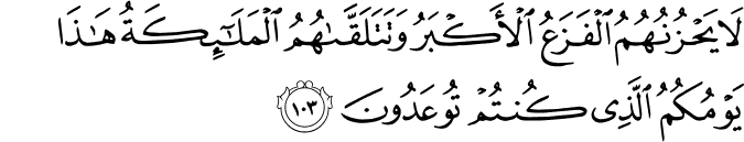 لَا يَحْزُنُهُمُ الْفَزَعُ الْأَكْبَرُ وَتَتَلَقَّاهُمُ الْمَلَائِكَةُ هَـٰذَا يَوْمُكُمُ الَّذِي كُنتُمْ تُوعَدُونَ