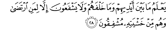يَعْلَمُ مَا بَيْنَ أَيْدِيهِمْ وَمَا خَلْفَهُمْ وَلَا يَشْفَعُونَ إِلَّا لِمَنِ ارْتَضَىٰ وَهُم مِّنْ خَشْيَتِهِ مُشْفِقُونَ