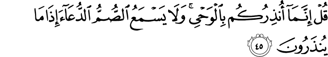 قُلْ إِنَّمَا أُنذِرُكُم بِالْوَحْيِ ۚ وَلَا يَسْمَعُ الصُّمُّ الدُّعَاءَ إِذَا مَا يُنذَرُونَ