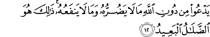 يَدْعُو مِن دُونِ اللَّهِ مَا لَا يَضُرُّهُ وَمَا لَا يَنفَعُهُ ۚ ذَٰلِكَ هُوَ الضَّلَالُ الْبَعِيدُ